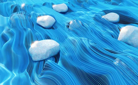 Abstract 3D illustration of smooth blue flowing lines resembling fluid motion around white pebbles, representing data streams, digital flow, or futuristic technology