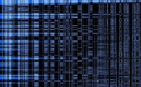 Abstract digital pattern featuring dense vertical and horizontal blue and black grid lines, resembling a glitch or data visualization matrix on a dark background.