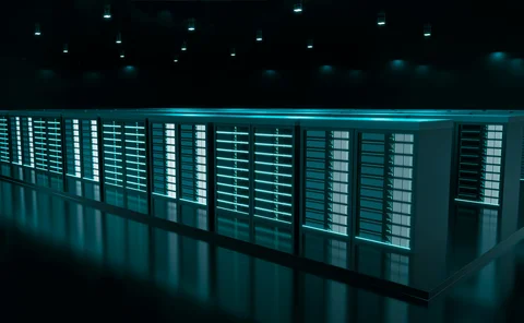 Modern data centre with rows of illuminated server racks in a dark room, showcasing high-performance computing infrastructure and cloud storage technology.