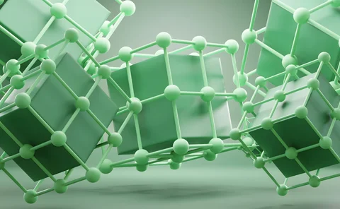 Abstract 3D rendering of interconnected green cubes enclosed in molecular lattice structures, resembling blockchain nodes or scientific data models, set against a soft green gradient background