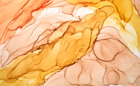Abstract ocher watercolor background. Yellow orange brown paint stains and spots in water, luxury fluid liquid art wallpaper, autumn colors mix - stock photo