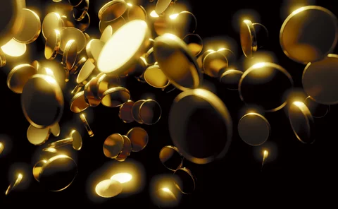 Gold coins falling on black background 3D render - stock photo