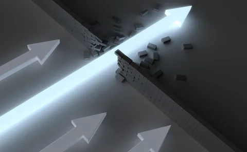 Glowing arrow breaking through a wall symbolizing innovation, progress, and overcoming obstacles in business or technology
