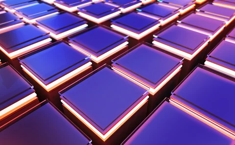 Abstract grid of glowing purple and blue glass squares with orange neon light. Digital technology, data, or blockchain concept.