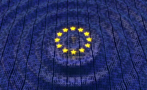 European Union Data Protection bits and bytes in ripple waving pattern with glowing EU stars
