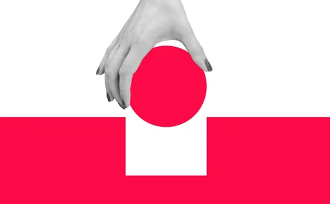 Inserting red circle into square shaped cut out - stock photo