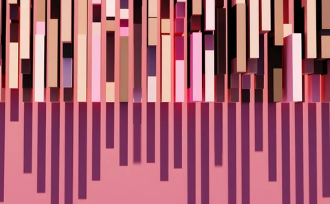 Abstract 3D data visualization of vertical blocks forming a structured pattern, representing artificial intelligence processing, data organization, and the simplification of complex datasets into ordered, scalable systems.