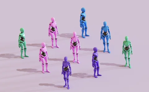 A digitally generated image featuring several abstract robots lined up in a row, symbolizing the future of artificial intelligence, automation, and humanoid robotics. This conceptual and futuristic composition highlights the rise of intelligent machines and the growing presence of AI in modern technology