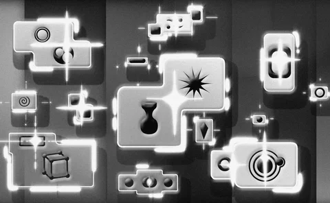Abstract black-and-white graphic featuring glowing geometric shapes and digital symbols