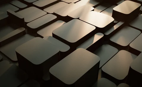 Abstract 3D pattern of interconnected rounded blocks representing data, networks and digital infrastructure