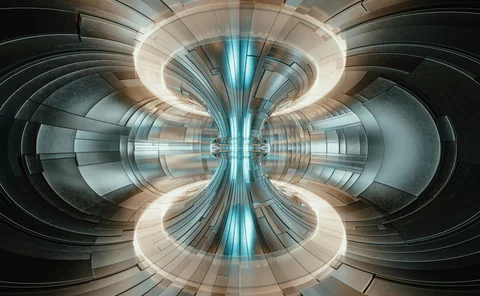 Futuristic metallic tunnel with symmetrical curved structures and glowing blue lights, representing advanced technology, digital infrastructure and innovation