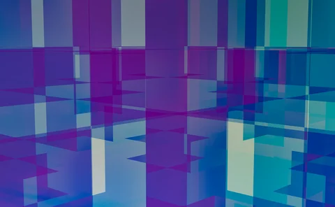 Abstract geometric pattern of overlapping translucent rectangles in blue, purple and teal tones
