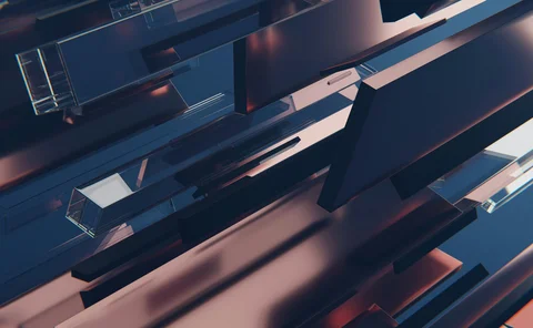 Abstract geometric composition of overlapping metallic structures in dark blue, black and pink tones