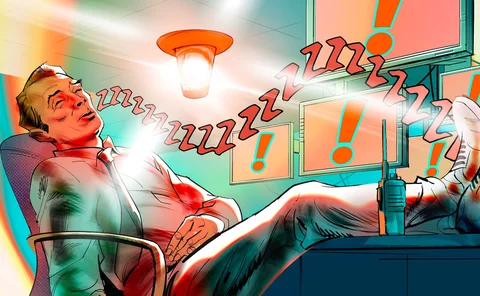 Illustration: A security guard is asleep at his desk during a red alert that he’s supposed to be monitoring