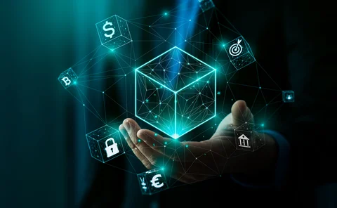 Man holding blockchain concept illustration in palm of his hand
