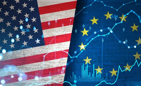 EU and US flags with some data graphics overlaid