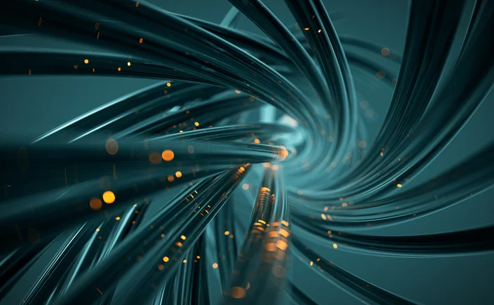 Futuristic visualization of high-speed data transfer through swirling dark fiber optic cables with glowing orange particles, symbolizing advanced communication networks and digital connectivity.
