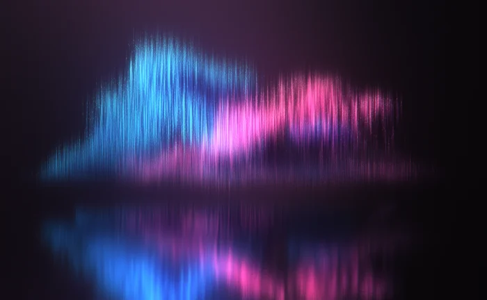 Abstract data cloud visualization with vertical light streaks in blue and pink hues on a dark background, reflected below as if on a glossy surface.
