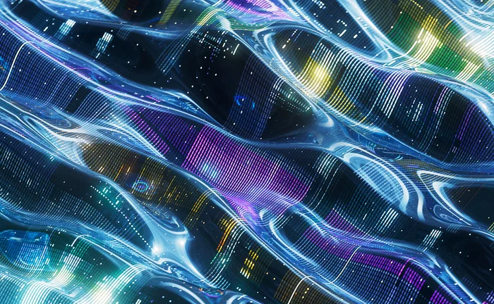 Abstract digital artwork featuring wavy, flowing patterns of multicolored LED-like lines and glowing light trails. The image creates a futuristic, high-tech effect with dynamic motion, using shades of blue, purple, green, and yellow.