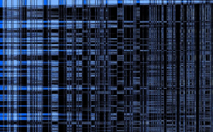 Abstract digital pattern featuring dense vertical and horizontal blue and black grid lines, resembling a glitch or data visualization matrix on a dark background.