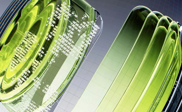 Close-up 3D rendering of translucent green and chrome circular components with embedded microstructures, symbolizing futuristic data processing, quantum computing, or high-tech optical systems