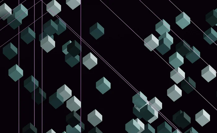 Abstract digital illustration of floating 3D cubes connected by thin glowing lines on a dark background, symbolising blockchain networks, data flow and decentralised technology