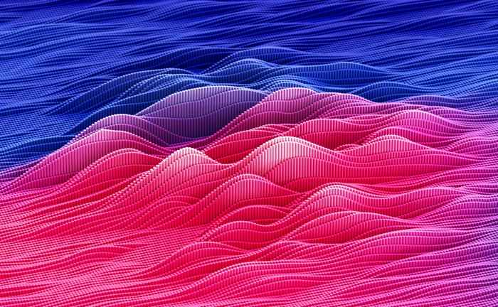Abstract 3D digital landscape made of pink and blue wave-like grids, creating a futuristic data visualization effect.