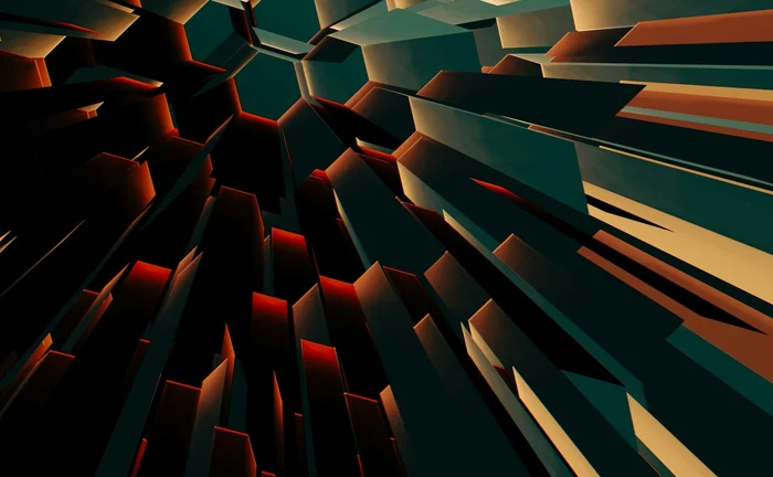 Abstract 3D digital artwork with sharp geometric shapes converging toward the center, illuminated with dark teal, red, and orange highlights, symbolizing data flow, energy, or futuristic technology.