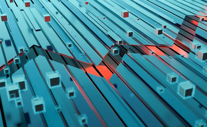 Abstract digital landscape of elongated blue metallic strips intersected by sharp red lines, with floating translucent cubes representing data blocks, movement, and information flow.
