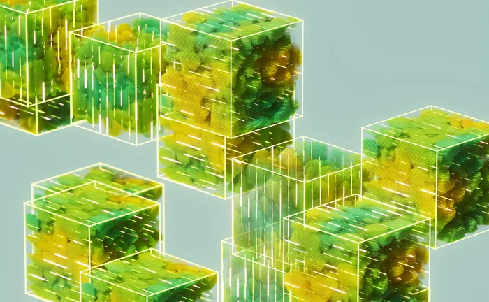 Abstract image of neon green and yellow transparent cubes for sustainable data, eco-friendly tech, or environmental science