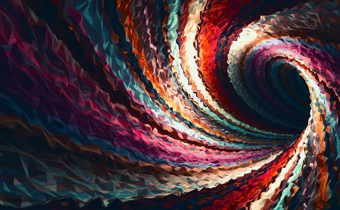 Colorful geometric vortex resembling a digital energy spiral, with layered facets suggesting motion, data flow, and futuristic design