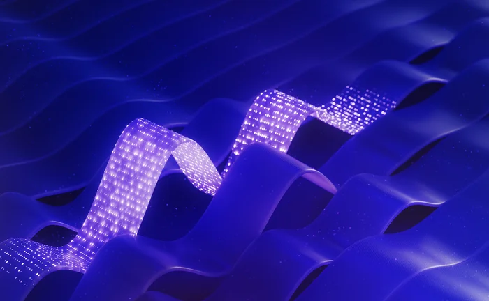 Abstract digital waves in deep blue with glowing purple light grids representing data flow and futuristic technology