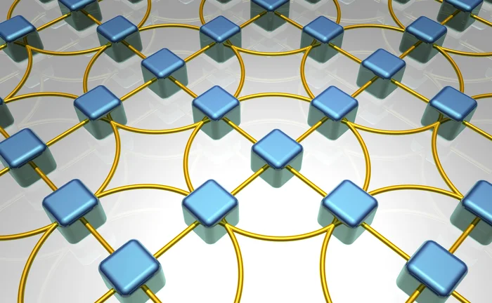 Futuristic 3D illustration of a geometric network grid featuring blue square nodes connected by golden circular rings, symbolising blockchain, data networks and digital connectivity