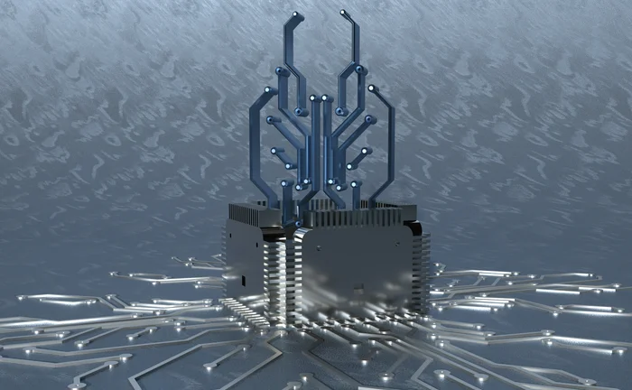 A central chip radiates connections, symbolizing intelligence, integration, and simplified digital systems.
