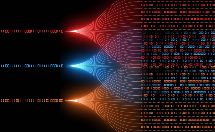 Binary data streams converge into a unified digital matrix, visualizing AI