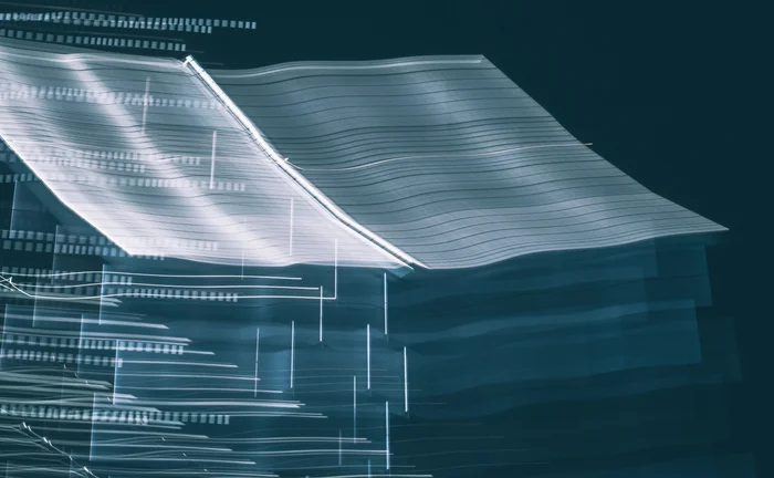 Abstract digital illustration of flowing data streams across a translucent geometric structure on a dark blue background