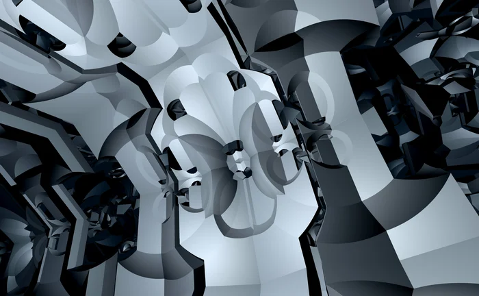 Abstract monochrome 3D geometric forms clustered together in a complex layered composition
