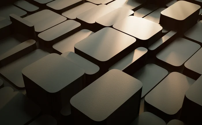 Abstract 3D pattern of interconnected rounded blocks representing data, networks and digital infrastructure
