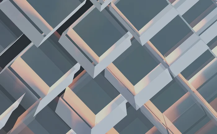 Abstract geometric pattern of overlapping rectangular frames in grey, blue and peach tones