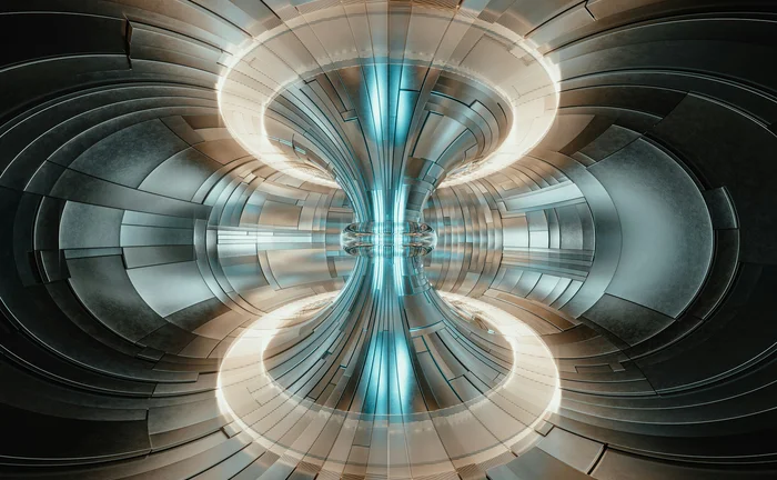 Futuristic metallic tunnel with symmetrical curved structures and glowing blue lights, representing advanced technology, digital infrastructure and innovation