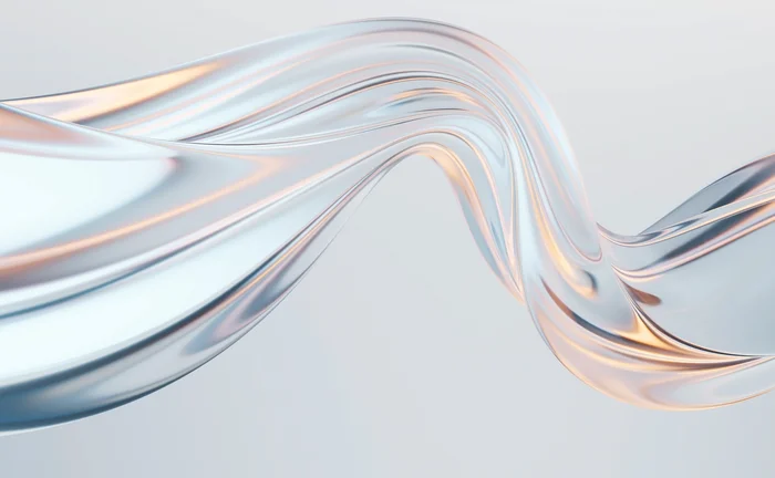 Abstract 3D composition of flowing, ribbon-like forms in soft blue, white and peach tones, creating smooth waves and curves against a pale background