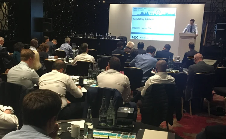 FCA's Stephen Hanks presents the regulatory address at a Waters Tech Mifid II event.