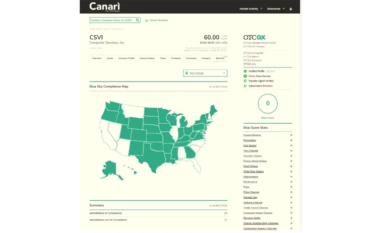 OTC Markets' Canari application showing Blue Sky securities data otc-markets-canari-blue-sky