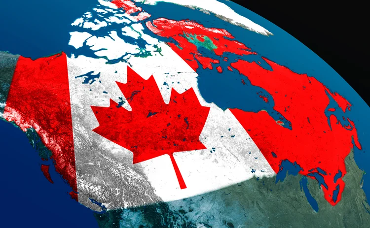 Canada with embedded national flag as if seen from Earth's orbit in space. 3D illustration with highly detailed realistic planet surface. 3D model of planet created and rendered in Cheetah3D software, 5 Mar 2017. Some layers of planet surface use textures furnished by NASA, Blue Marble collection: