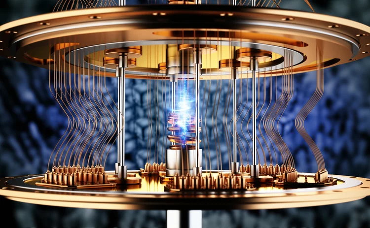 3D illustration of a working quantum computer. Quantum computing concept.