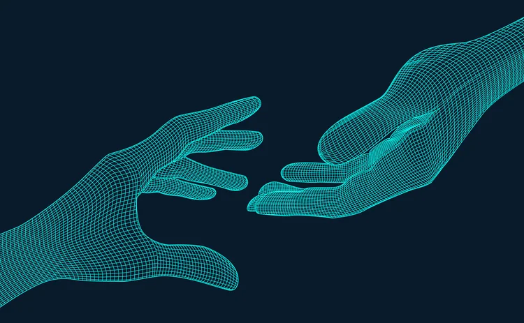 blue wireframe hands reaching to each other