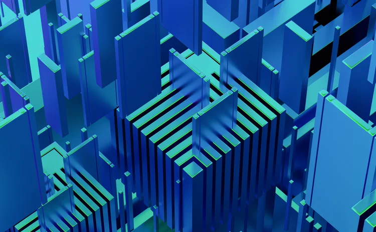 Abstract 3D illustration of futuristic iridescent cityscape with tall blue and green rectangular structures forming a geometric grid. Digital urban landscape concept symbolizing technology, data architecture, and modern infrastructure.