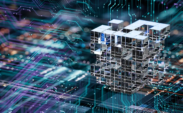 3D transparent cube structure floating above a circuit board with glowing digital connections, symbolizing cloud computing, AI architecture, and data infrastructure