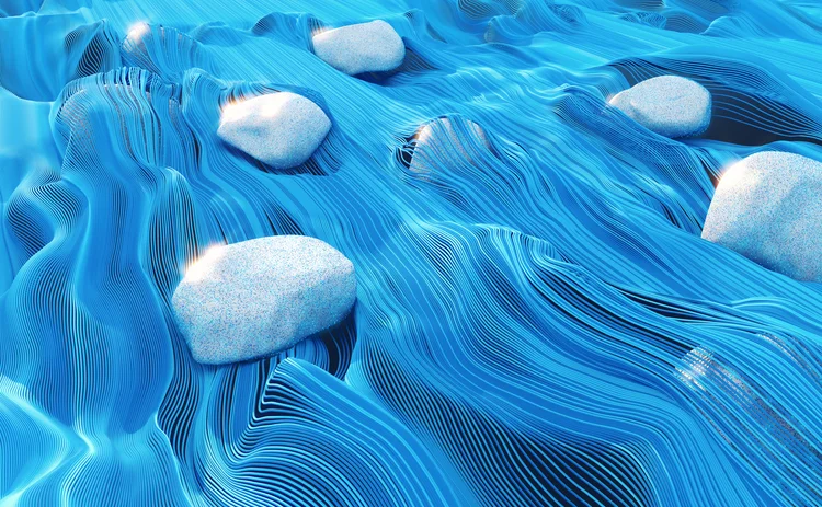 Abstract 3D illustration of smooth blue flowing lines resembling fluid motion around white pebbles, representing data streams, digital flow, or futuristic technology
