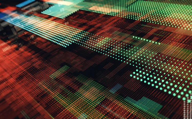 Abstract digital landscape with green, orange, and red pixel matrices representing data transmission, blockchain technology, and AI-driven analytics